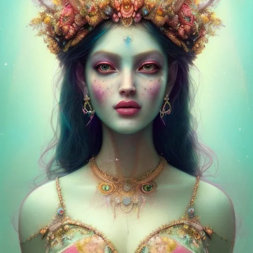 beautiful goddess, wearing gown of gemstones | fantasy, hyper-detailed, accurate anatomy, symmetrical facial features, sharp focus, volumetric lighting, 16k | karol bak, yoshitaka amano, tom bagshaw, aurora, zbrush cel-shaded, cgsociety | ethereal beautiful astral vaporwave storybook illustration, dark fantasy