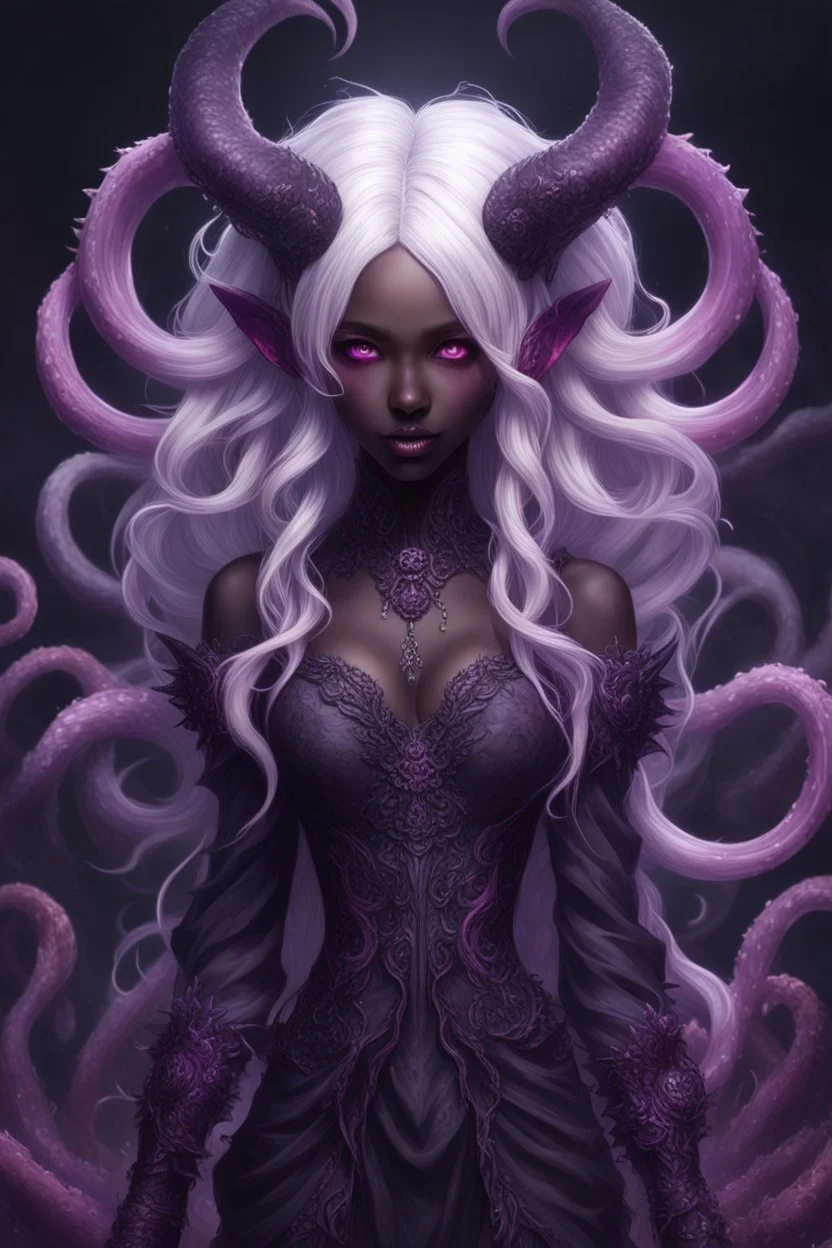 absurdres, ((high-resolution)), ultra detailed, vivid colors, abyssal goddess, dark skin, horns, white hair, ((medium hair:1.2)), (sidelocks:1.3), purple eyes, disheveled hair, long sleeves, fril gothic dress, purple and pink outfit, abyssal, darkness, tentacles, fractal, psychedelic, Whimsical