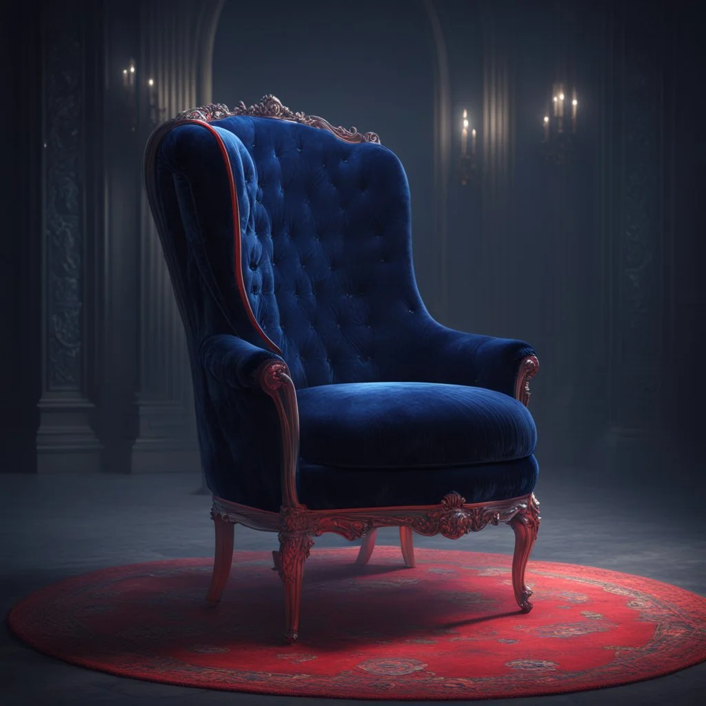 A freestanding wing chair in midnight blue velvet with a red round cushion. Illustrative art, art interpretation, concept art, cgsociety contest winner, seasonal art, seasonal art HD, 4k, 8k, intricate, detailed, intricately detailed, luminous, translucent fantasy crystal, holographic data, soft body, shadow play, light, fog, atmospheric, cinematic, light film, hyper-detailed, hyper-realistic, masterpiece, atmospheric, high resolution, 8k, HDR, 500px, mysterious and artistic digital art, phototi