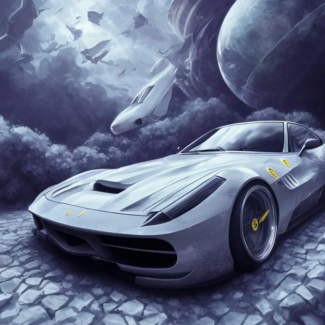 Ferrari blanche, dans un nuage de fleur, concept art, réaliste, synthwave