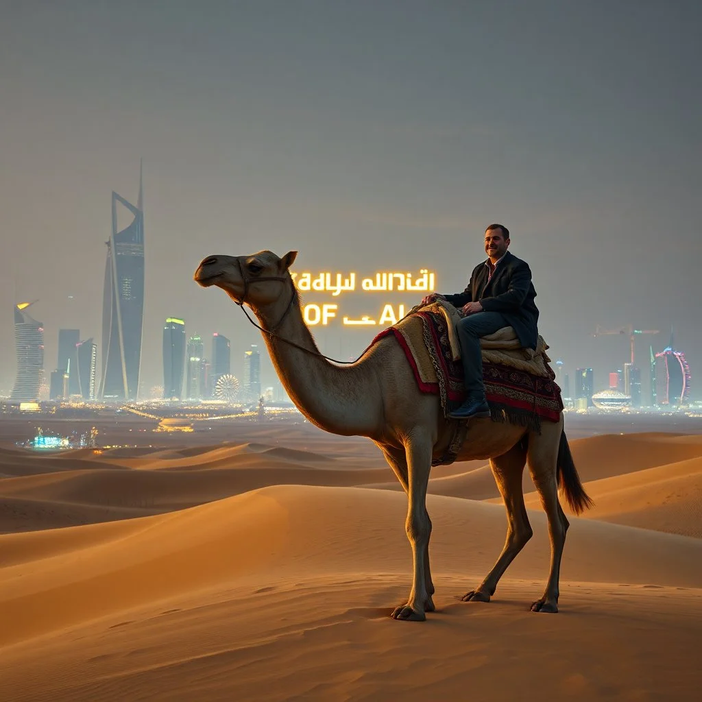 create Israeli Finance Minister Bezalel Smotrich riding a camel across golden sand dunes, futuristic Middle Eastern city skyline in the distance with sleek glass towers and neon lights, a sign reading Saudi Arabia of AI glowing behind him, cinematic lighting, ultra-realistic 8K UHD photography