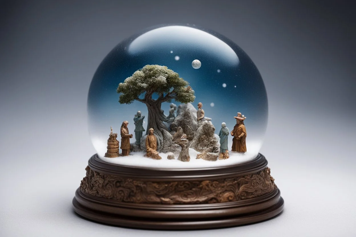 снежный шар, ось мира, Вокруг основания дерева можно разместить миниатюрные фигурки, символизирующие различные миры или слои реальности (например, мир богов, мир людей, мир духов). Каждый мир может быть выполнен в своем стиле и цвете.