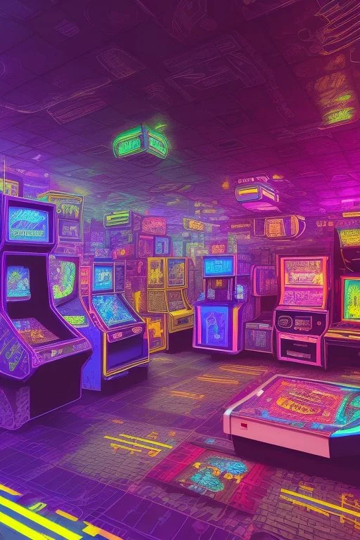 A dark photo an 80's aesthetics arcade at night, with a lot of functioning arcade machines, a vaporwave floor and some colorful tiles in between the floor. Purple Themed, purple aesthetics.