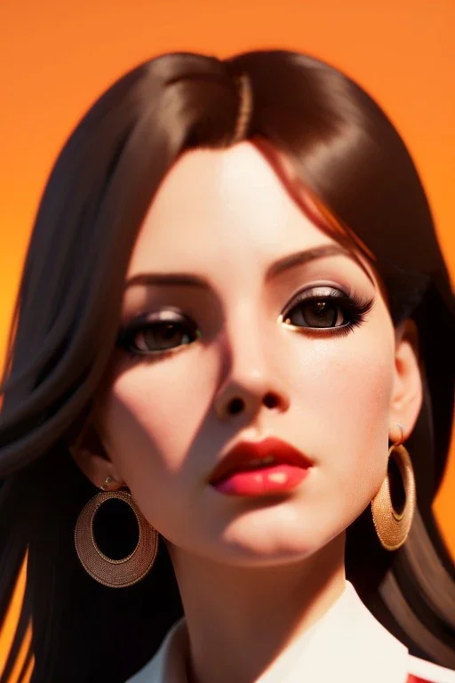young business woman, brown hair, dark orange eyes, hoop earrings, red blouse, elegant, dark eyeshadow, black eyeliner, high arch angular eyebrows, head and shoulders portrait, 8k resolution, WLOP, Alphonse Mucha dynamic lighting, hyperdetailed, intricately detailed, retroanime