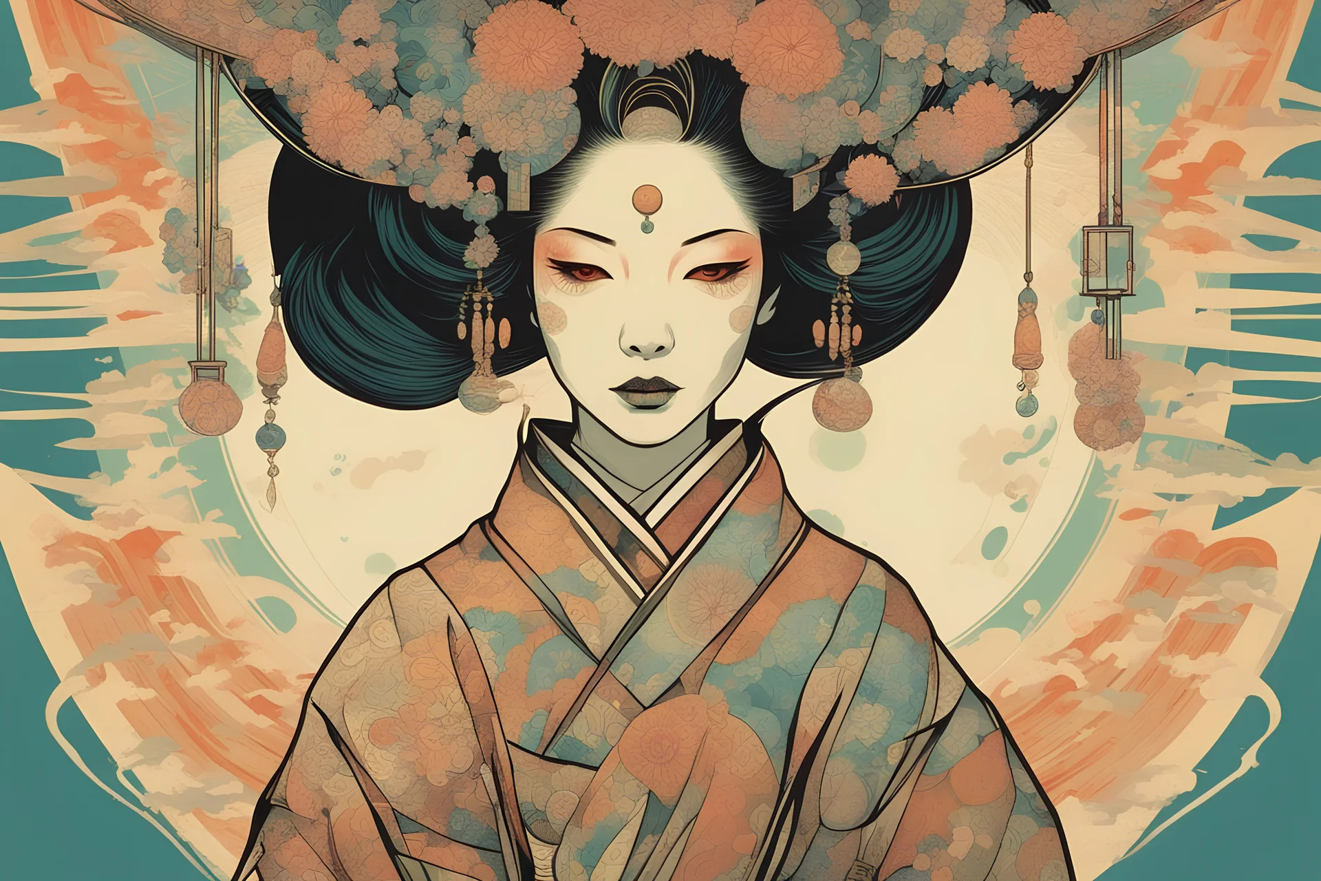 Cyberpunk illustration of a mystic female futuristic geisha it stock photo, in the style of psychedelic-inspired smooth digital art, by victo ngai, by Hokusai, rbg, psychedelic, fractals, sacred geometry, medicine, sacred