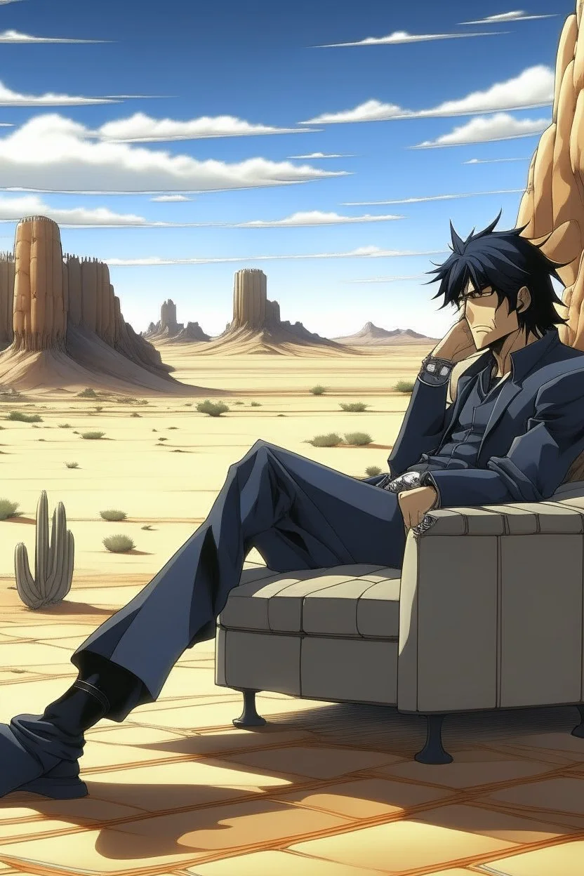 Nicholas Wolfwood Trigun is sitting on a couch in the middle of the desert