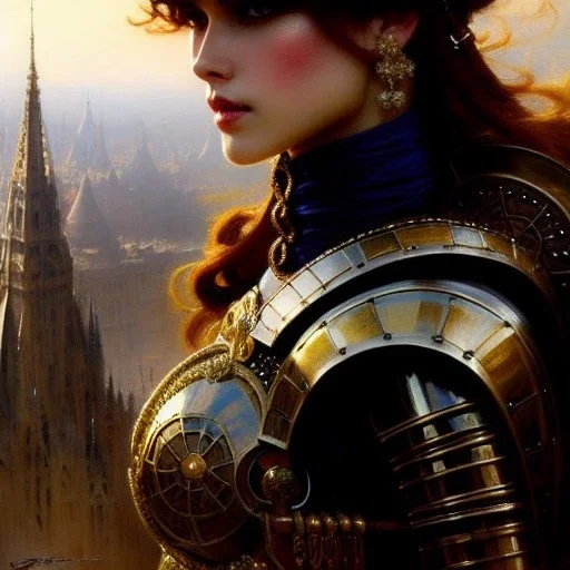 portrait beautifull face girl medieval metal armor balanciaga fashion clothe painting by gaston bussiere, greg rutkowski, yoji shinkawa, yoshitaka amano, tsutomu nihei, donato giancola, tim hildebrandt, oil on canvas, trending on artstation, featured on pixiv, cinematic composition, extreme detail