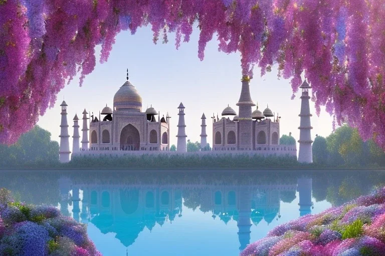 cascade,a magical crystal blue gold taj mahal,flower parc bougainvillier, blue lake,sun,white swanns,pink vertical, blue lake,sharp, vines, candlelit, endor, ornate, elegant, highly detailed, artstation, concept art, smooth, sharp focus, illustration, 8k, splash art, wallpaper, key visual