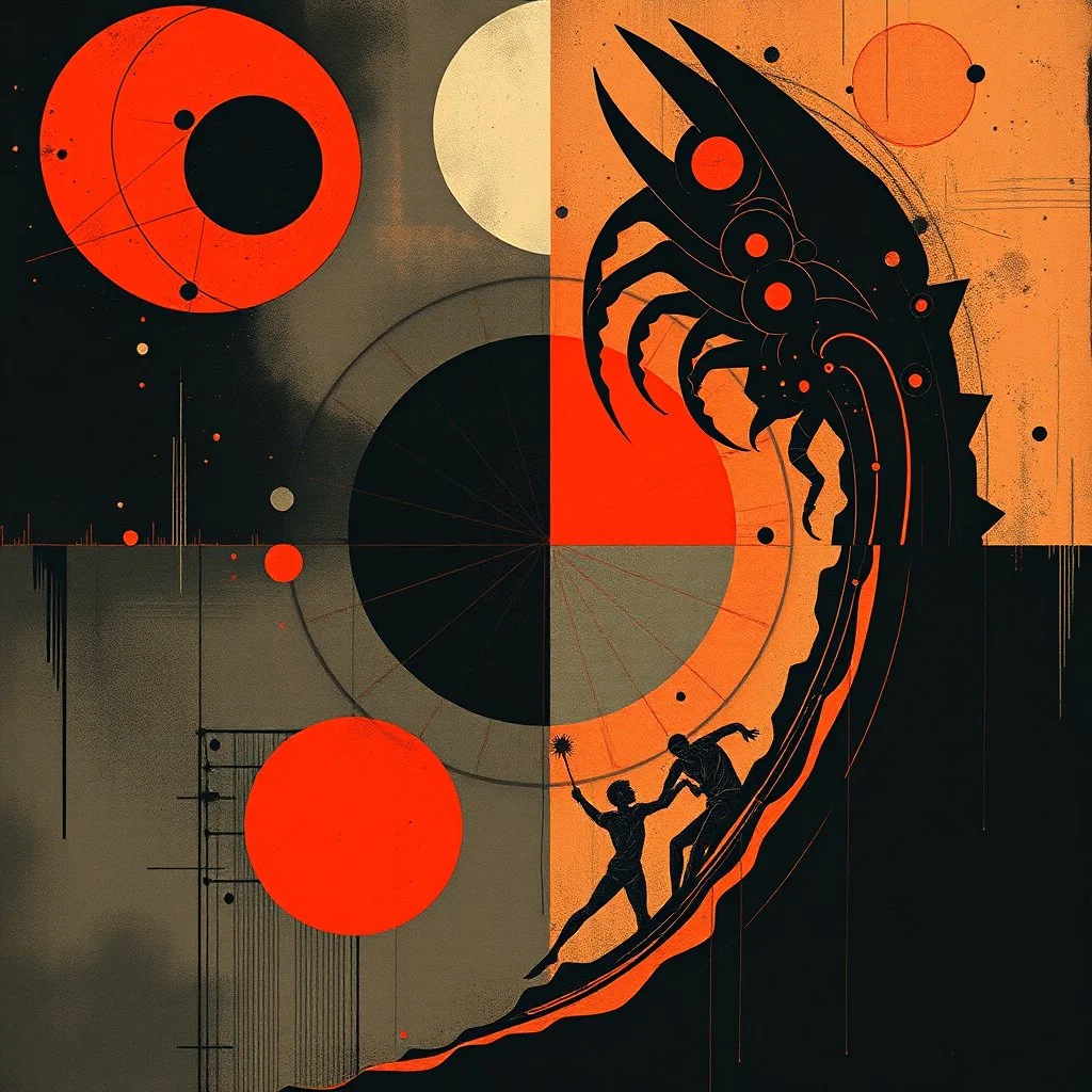 tragedy of the commons regressive overlapping timeline looping, abstract art vs sci-fi art, by Graham Sutherland and HR Giger, by Victor Pasmore and Joan Miro, mind-bending illustration; album cover art, asymmetric, Braille language glyphs, dark shines geometry, red and orange and black color scheme