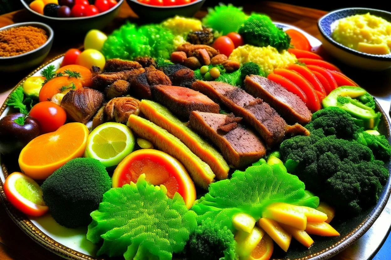 The picture shows a tasty and tempting dish containing a variety of delicious foods. The foods include slices of perfectly grilled meat and crispy fresh vegetables pulsating with colors and flavors.