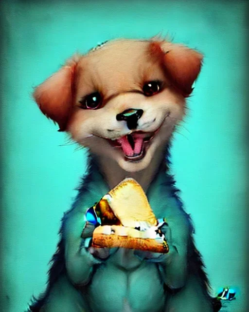 cute puppy eating cheese, art deco, romanticism, watercolor, visual novel, cheerful, furry, sleepy, rembrandt lighting, colorful lighting, blue, teal, aqua, red, purple, yellow, black, detailed, masterpiece