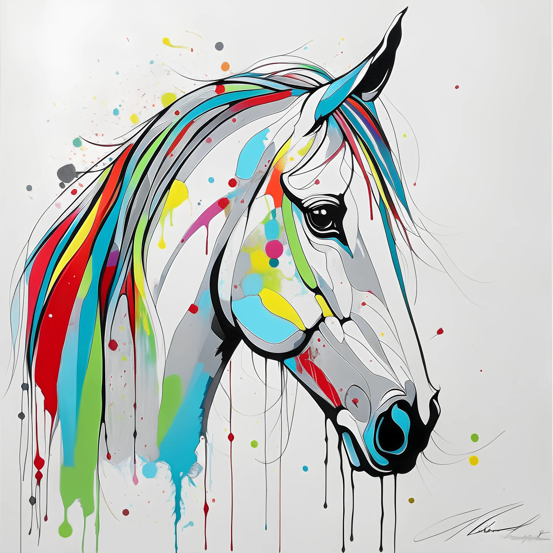 A colorful, abstract and minimal painting of a horse. The horse has large eyes, a rainbow patchwork fur, with black outline details giving a scribbled effect. the image is in the middle of a white canvas. The background should be clean and mostly white, with subtle geometric shapes and thin, straight lines that intersect with dotted nodes. The style is expressive and textured, reminiscent of outsider art.