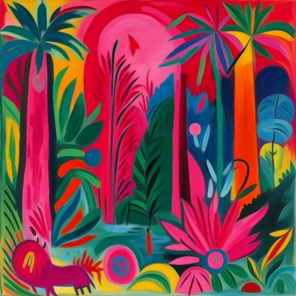 A pink magical jungle with runes painted by Alexej von Jawlensky