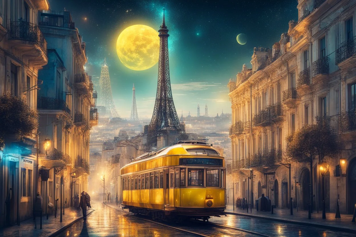 Lisbon city view in fantasy cyberpunk style with famous yellow tram, one eiffel tower in background, celestial cosmic sky