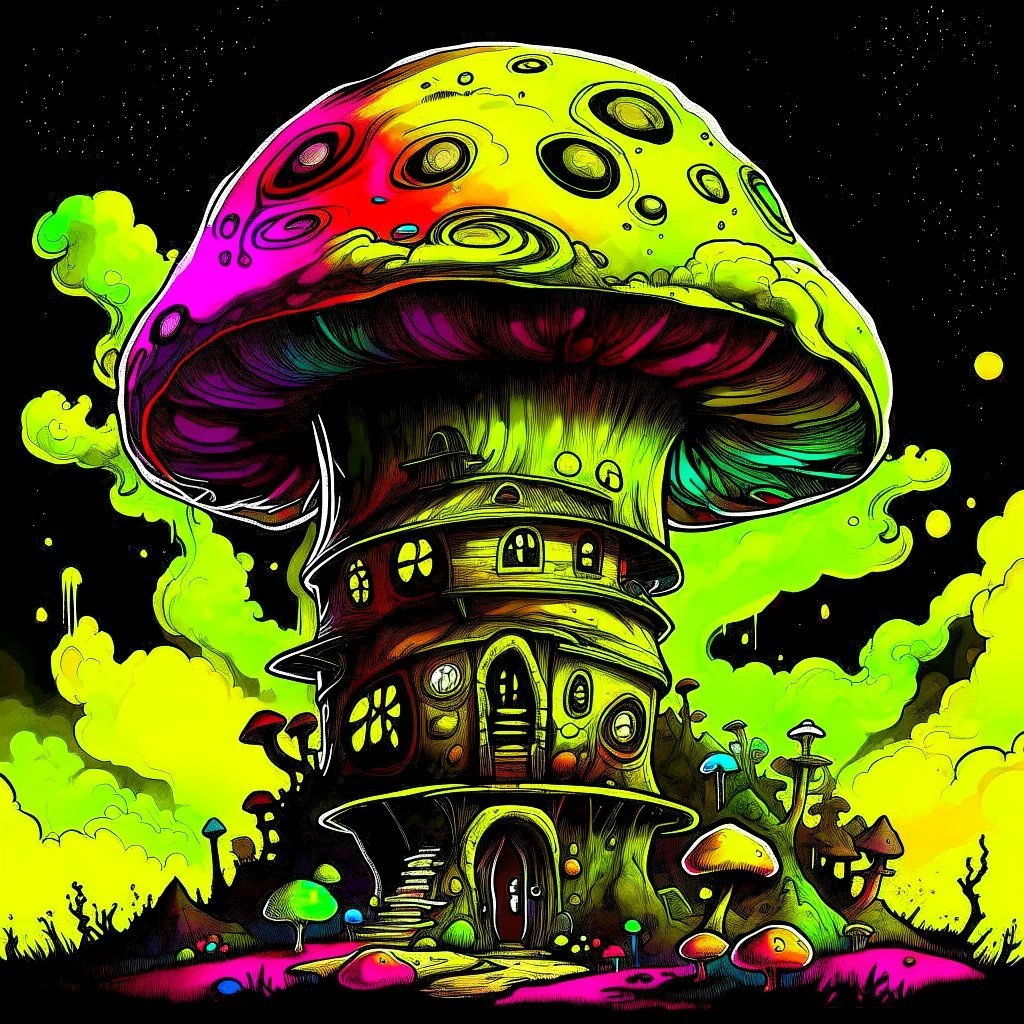 A fantabulous black, green, and yellow (((mushroom tower house))) erected atop a (geologic pillar), surrounded by the uncanny imaginative ((( swirling skies))), offset by the stark hues of a (neon-tinged nebulous space scape), within. captured by the hand a skilled master painter with a focus on (softly blurred compositions and voluminous lighting).