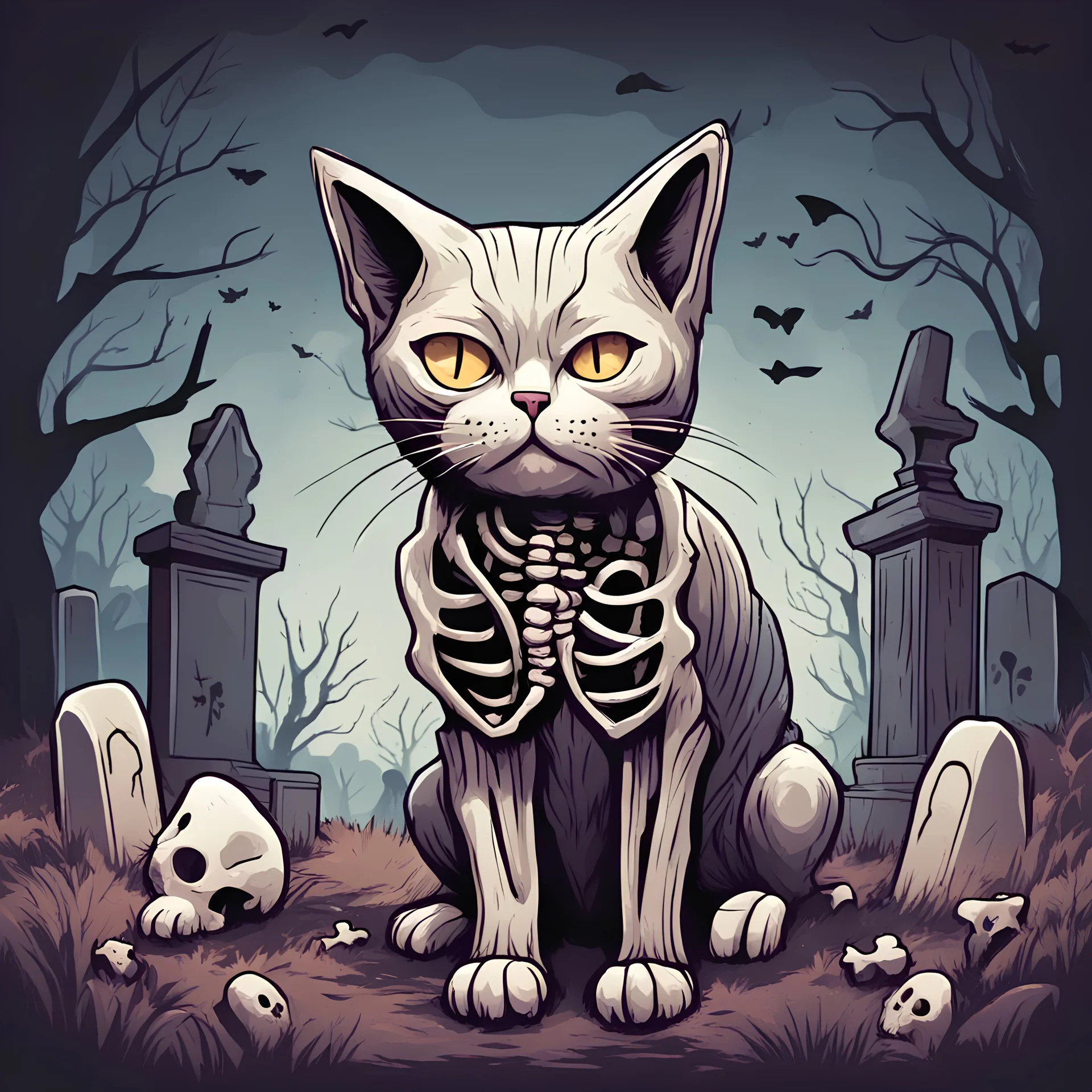 a cat with the bones on the outside in graveyard art style