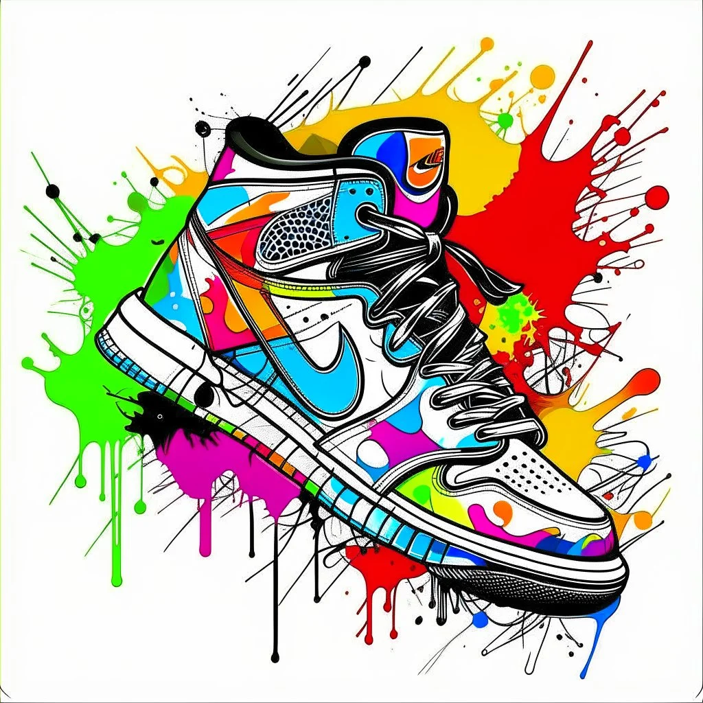 vector t-shirt art ready for print colorful graffiti illustration of Jordan 1 sneaker, frontal perspective, action shot, vibrant color, high detail, white background