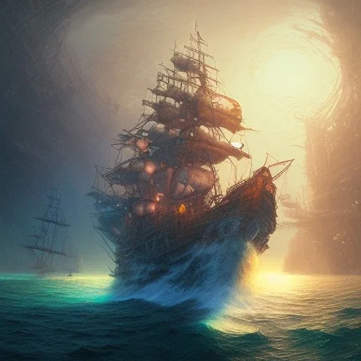 biomorphic Pirate Shipwreck morphed with electronic wiring and mixed with lighting, Nanopunk and Biopunk with cyberpunk look, golden hour, wonderful ambient colors, art by Jarosław Jaśnikowski mixed with Sheila Martin mixed with Fletch mixed with Frank Sun mixed with Anna Dittmann mixed with Alena Aenami,Dan Mumford,Killian Eng,Greg Rutkowski