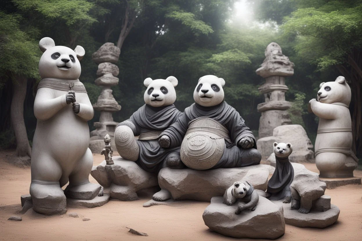 archeologists discovering space panda ninja people worshipping statues and idols