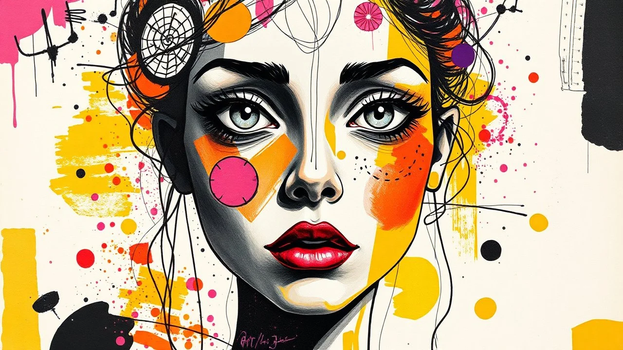 A mixed media collage featuring an abstract female figure with expressive eyes, adorned in vibrant patterns and symbols that evoke emotion., focus on face, isolated background, color splashes, scribbles, pen strokes, collage style, mixed media collage, scrapbook aesthetic, yellow-orange black purple pink white tones, vintage paper textures, hand drawn elements, playful use of shapes, bold shadows, whimsical atmosphere, textured brushstrokes, monochromatic palette, light pastel colors --ar 1:2 --