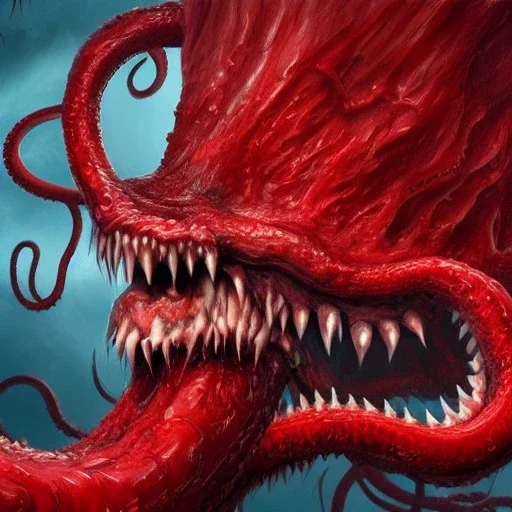 red, monster, tentacles, teeth, horror, detailed, realistic, gore, eyes, 4K, fantasy, scary, demonic, hyperrealism, huge, blood, creature, high quality