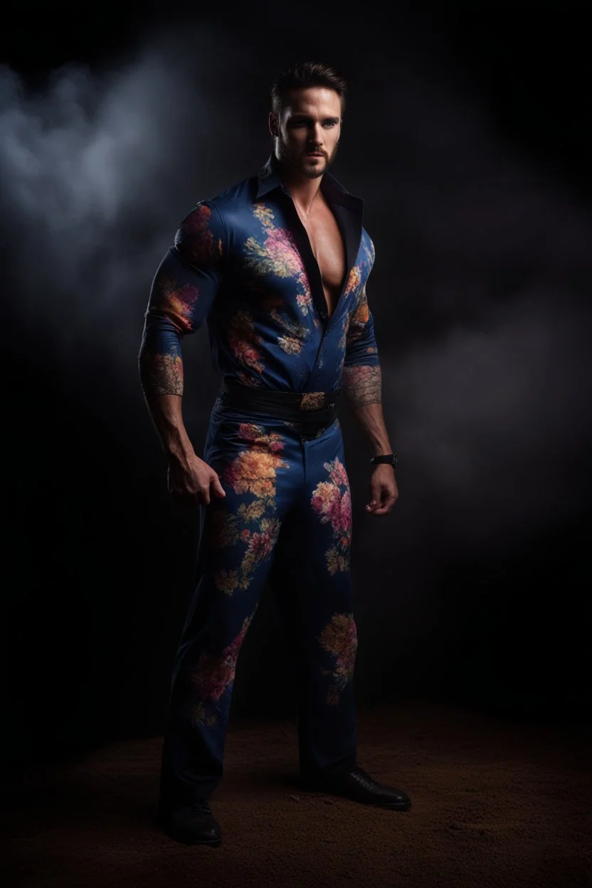 full body portrait, 6'5". 220lbs, extremely muscular, Elvis Presley has great big giant muscles, blue eyes, skintight, formfitting high-collared jumpsuit with floral designs, smirking, pitch black background, multicolored spotlight, Photorealistic, realistic stock photo, Professional quality Photograph. Fog, Clouds, mist.