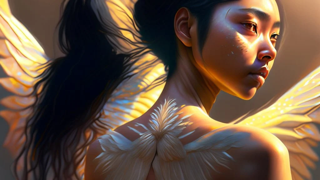 beautyfull asiatic woman, art by kiera malone , concept art modern photorealistic, in the style of , Artstation, sunlight, Unreal Engine sharp fine details trending on artstation reflections 4k ultra realistic post-processing A detailed illustration of a beautiful young female human with growing out of her back. Her skin, hair and face are all made of paint. Her wings are spread. Front view. Highly detailed flawless facial features and eyes. Abstract Oil painting splash art. White ba