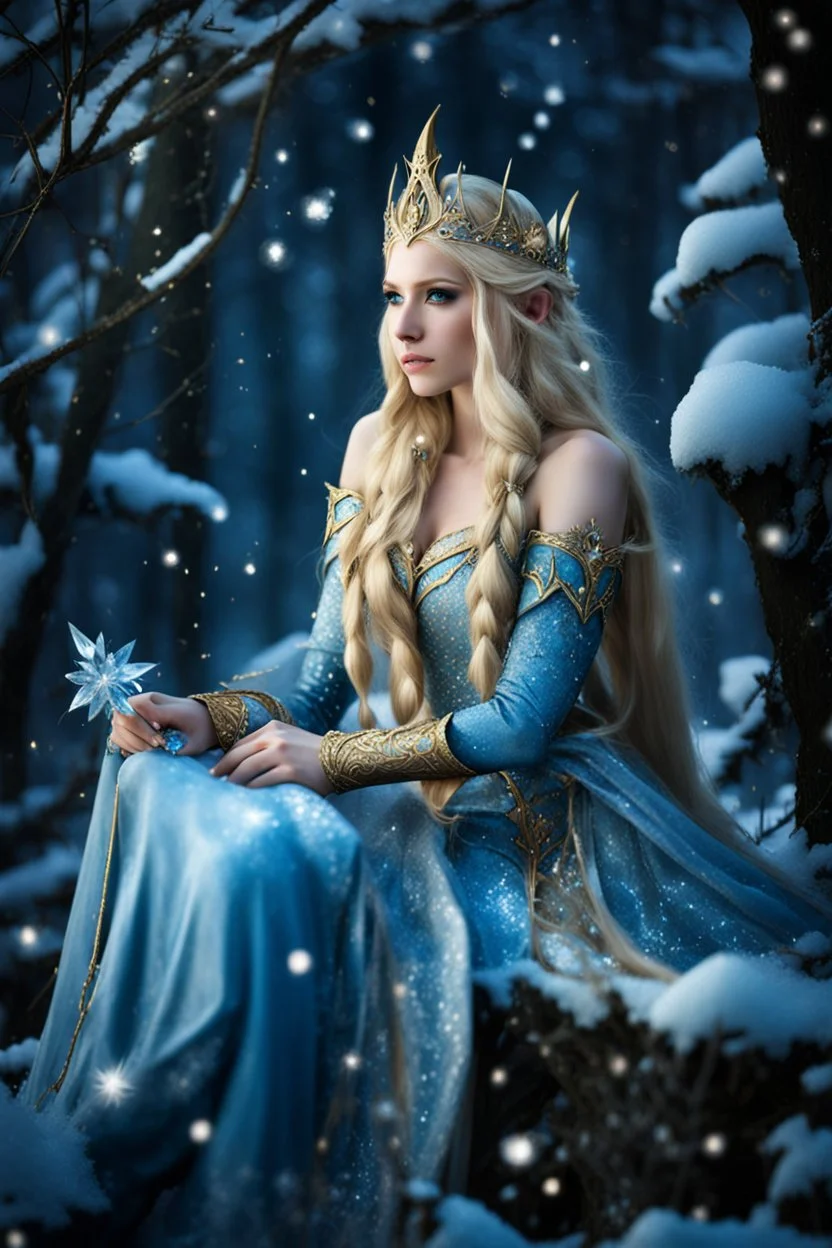 Elven princess,elven crown,long blonde golden hair,rapunzel hair,ice flowers,beautiful,light blue,dark blue,golden armor,sparkle,glitter,ice flowers,snow,elven ears,dark fairy princess