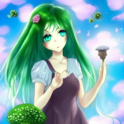 anime, beautiful, girl, magical, blue eyes, short metalliv green hair, dressed with ivy, windy, mushroom forest, like alice in wonderland