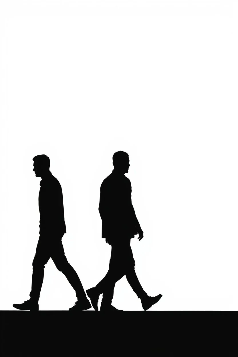 black silhouette of two men walking away on solid white background