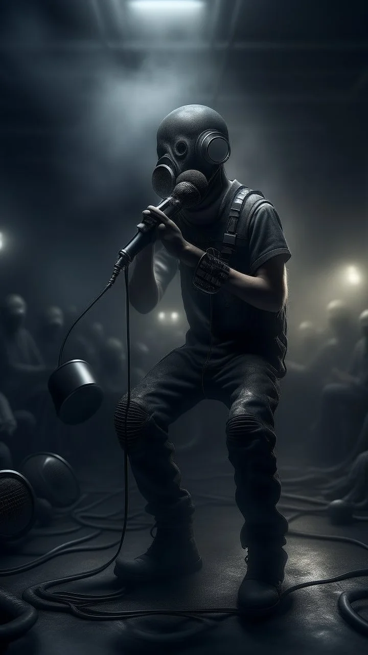 A singer with a mic in a band are tied to their musical instruments ,surrealism of the dark of a nightmare ten miles high and six foot deep, hyper photorealistic, hyper detailed dark art color, high resolution, fog, octane render, tilt shift, HDRI Environment, all pictures dark gray