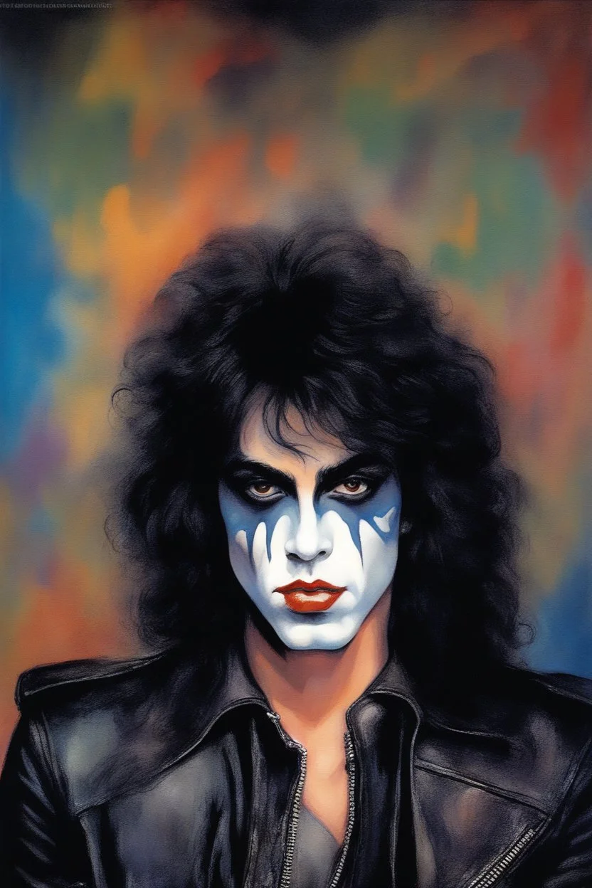 text "KISS" - facial portrait with makeup - 20-year-old Paul Stanley with long, wavy curly black 1980's style big hair, wearing a black leather jacket, extremely colorful, multicolored watercolor stained wall in the background - in the art style of Boris Vallejo, Frank Frazetta, Julie bell, Caravaggio, Rembrandt, Michelangelo, Picasso, Gilbert Stuart, Gerald Brom, Thomas Kinkade, Neal Adams - explosions, flames, fog, clouds, dust,