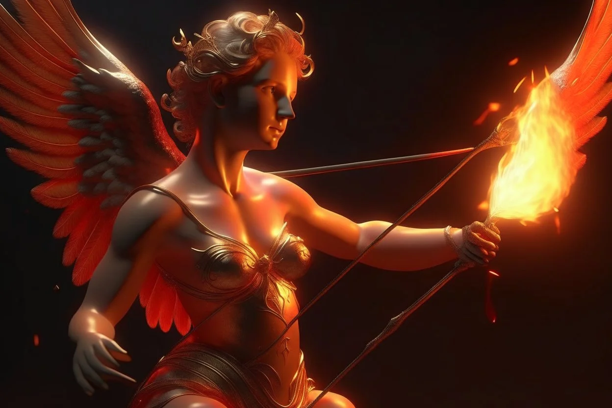 4k full realism, full details, full lights, qualité photo, cupidon armé d'un lance flammes