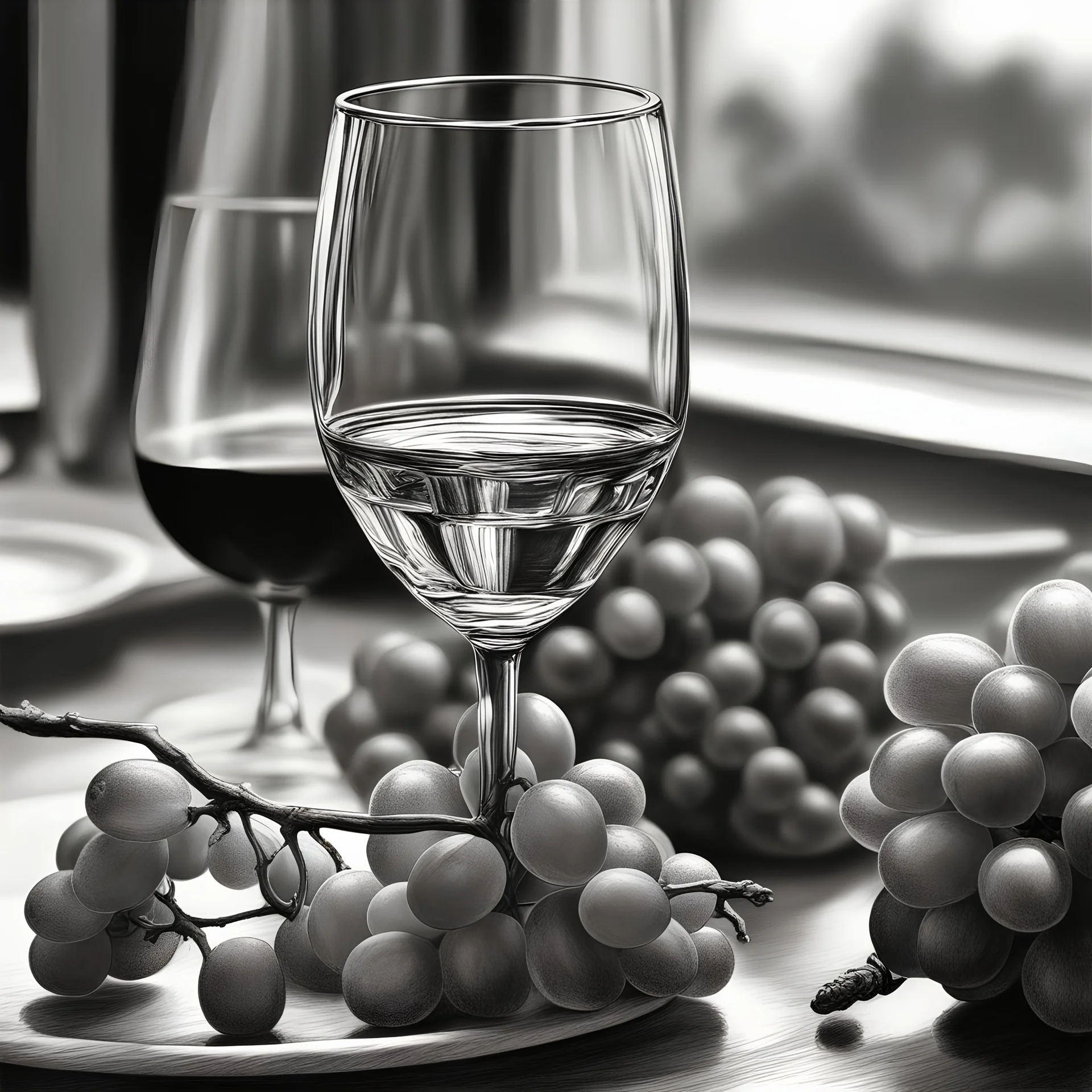 Create a highly detailed and photorealistic pencil sketch featuring a wine glass and a bunch of grapes on a table. The sketch should concentrate on the intricate details and textures, using precise and delicate lines. Emphasize the transparency and shine of the glass and the natural appearance of the grapes. The drawing should exhibit strong contrasts between light and shadow to add depth, capturing the reflective qualities of the glass and the subtle textures on the grapes' surface, giving a re