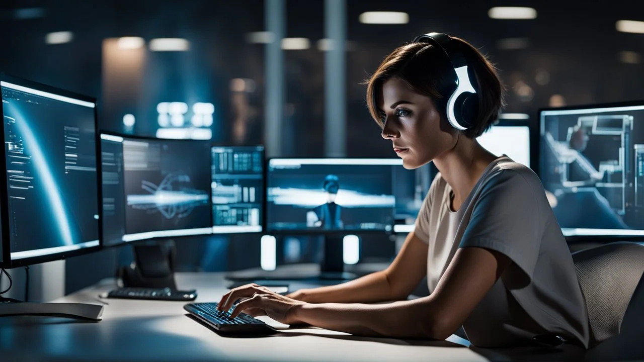 The medium close photo from a brown short hair woman sitting in front of her computer at night in t-shirt. She working in dark in a futuristic, hightech office. Pale lights, She appears to be focused on the task at hand. Her silhouette illuminated by the light of the monitor. There are multiple coffeecups on the desk, blur futuristic office background with pale light, realistic, deep colors, high detailed, sharp focus, perfect shot, professional photo