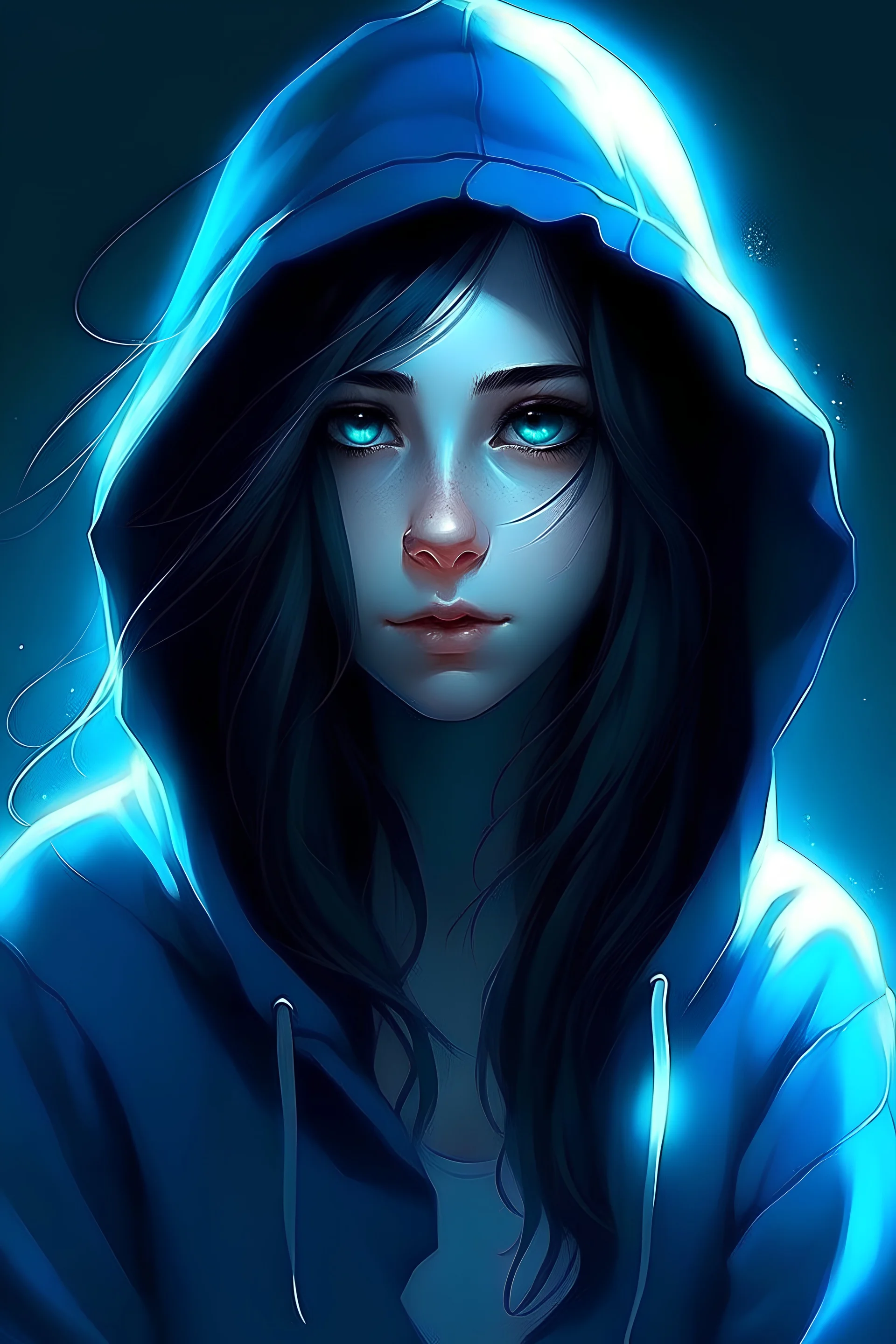 Black hair, hoodie, long pants, long hair, girl, glowing blue eyes,