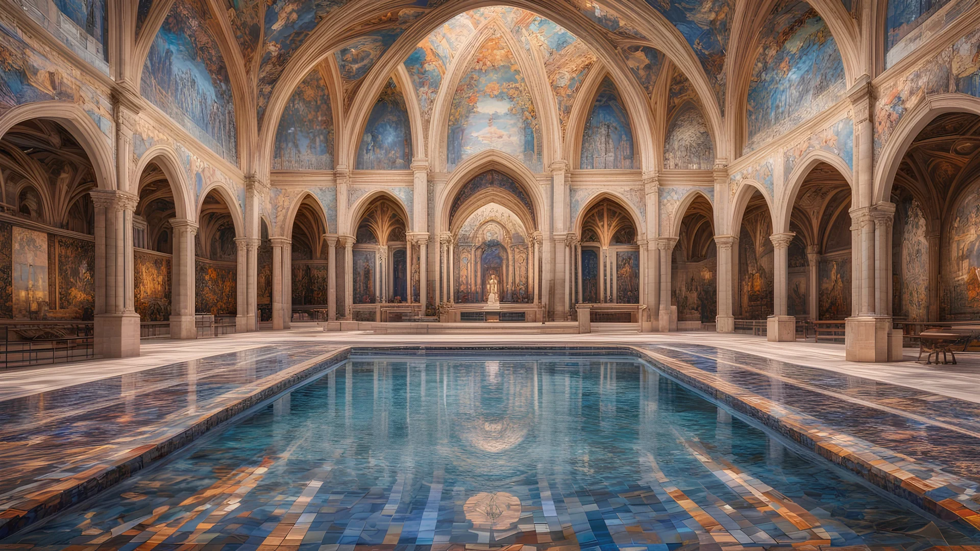 Superb symmetrical pictorial multicoloured mosaic floor, walls with pictures of bathers and swimmers, swimming pool, naked bathers, swimmers, night, water feature, symmetrical cathedral style high ceiling, relaxation, luxury, dream world, calm beauty, perfect symmetry, fantasy world, magic, beautiful symmetrical composition, exquisite detail, 85mm lens, adjust perspective, chiaroscuro, night, darkness, dramatic lighting