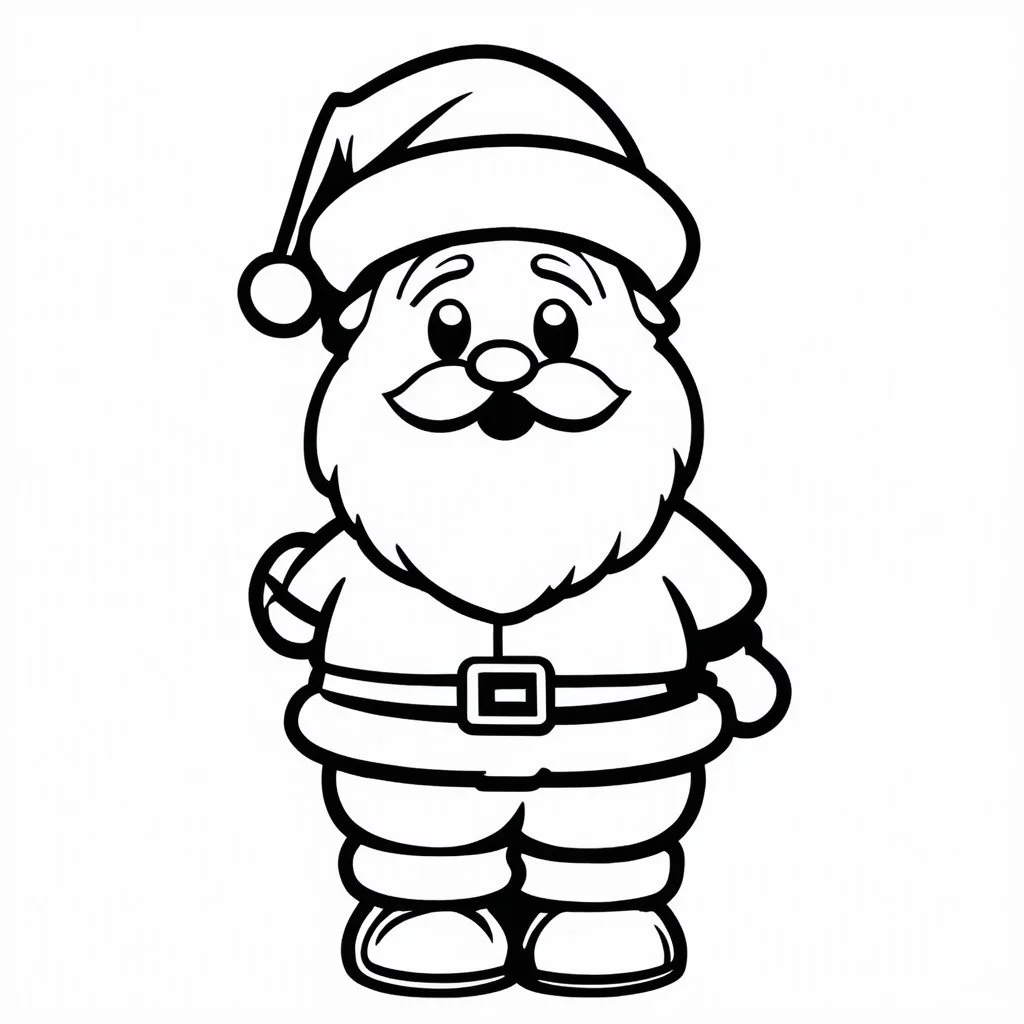 A black and white cute drawing of a Santa Claus . Only outline, white background,for kids. The illustration should be in [SUPER SIMPLE], black and white, bold line art with a clear, mostly empty background. [INCLUDES ONLY OUTLINES WITH NO FILLED IN BLACK AREAS], ensuring no shading, no complex images, and making it very easy to color in between the lines.