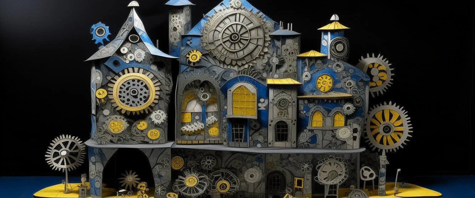 A gray electric factory with gears designed in Javanese shadow puppets painted by Gustav Klimt