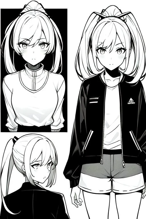 blonde girl with ponytails dressed in a jacket and shorts walks briskly, front view, greyscale