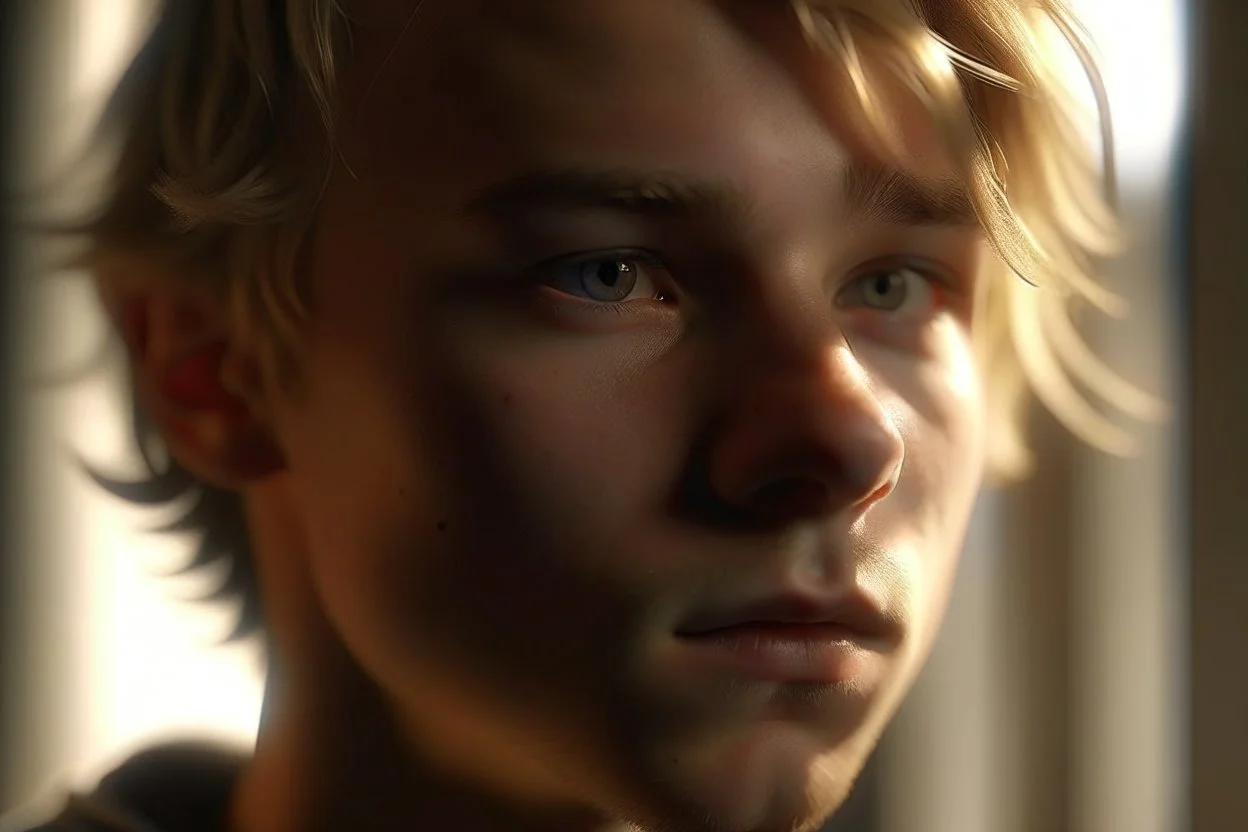 A macro portrait of an athletic teen boy with honey brown eyes, messy golden blond hair, cute, innocent and thoughtful, leaning against a window, a hint of facial hair, no shirt, inside an empty room with warm sunlight streaming in, detailed, high definition, 4K, 8K, quality render