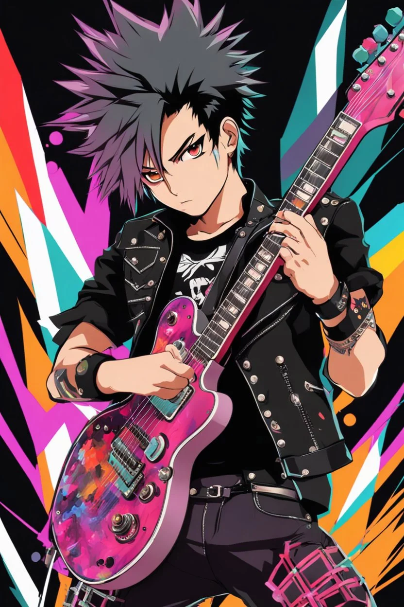 Full body PunkRocker,play guitar electric,with high details, style: Anime coloursfull glowing abstracts