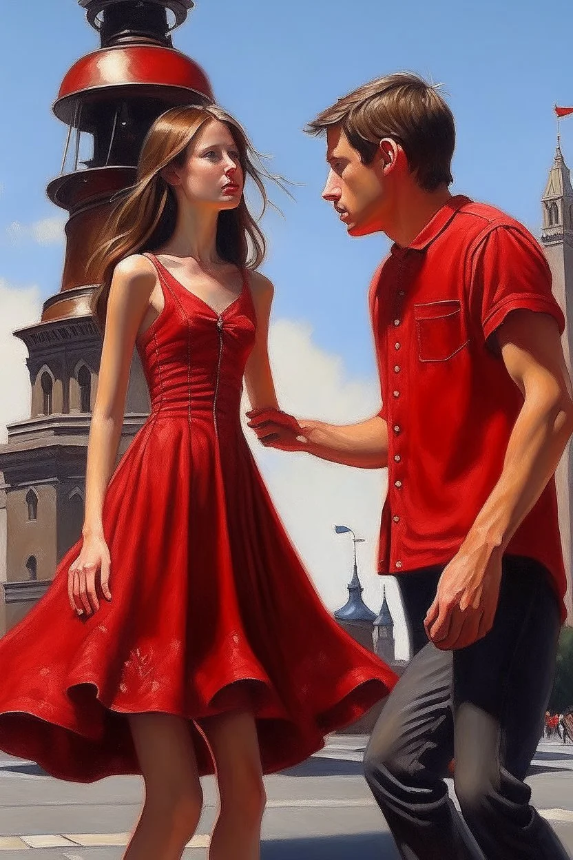 A girl collides with a young man and he catches her in the middle of the road and they look at each other with the bells around them ringing, the girl wears a short red dress exposed from the shoulders, and the young man wears jeans and catches an oil painting Photorealistic Behind them is a tower containing a big bell