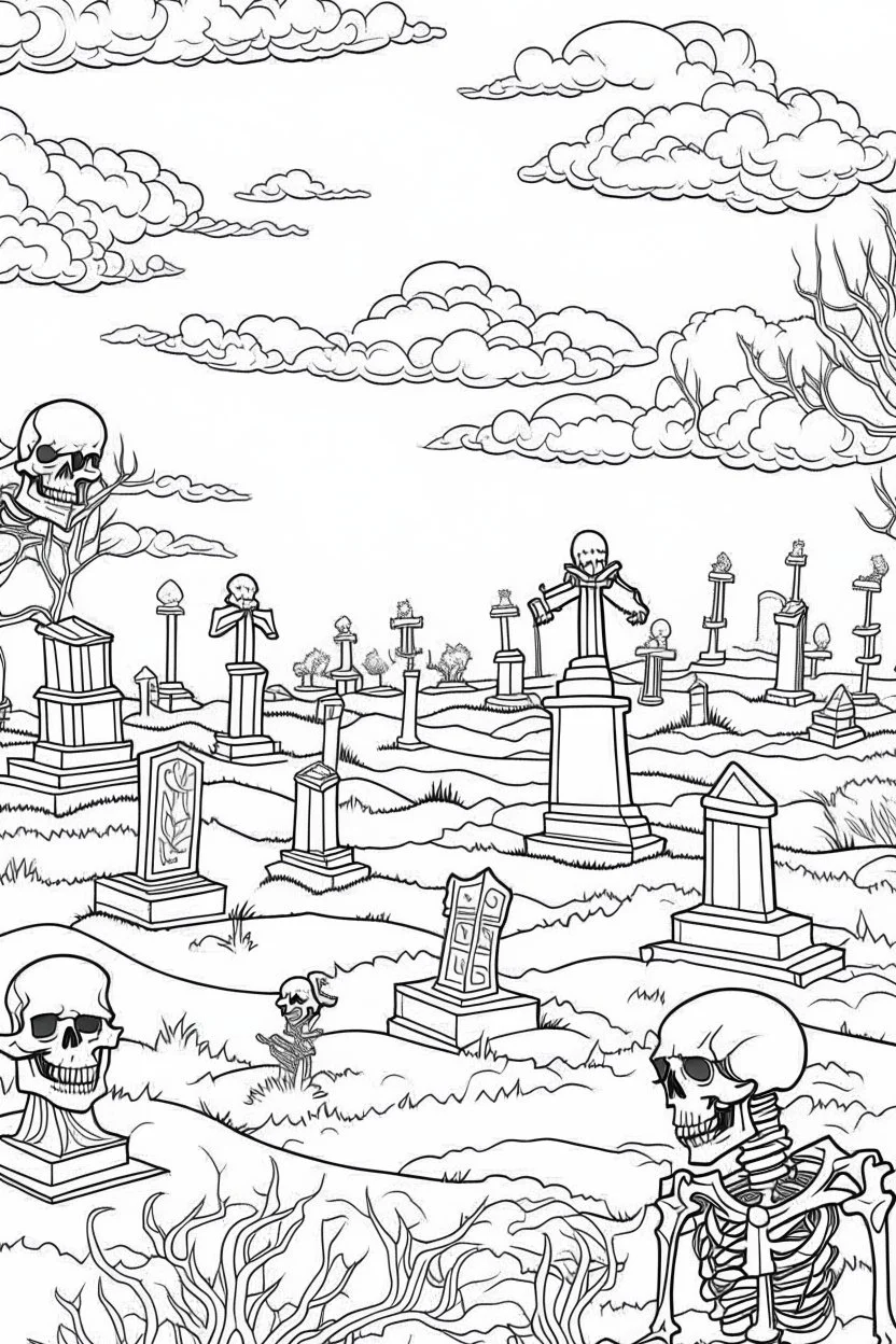 A graveyard with tombstones, skeletons rising from the ground, and eerie mist. Outline, sketch style, only use outline, mandala style, clean line art, white background, no shadows, no clear wall, coloring page.