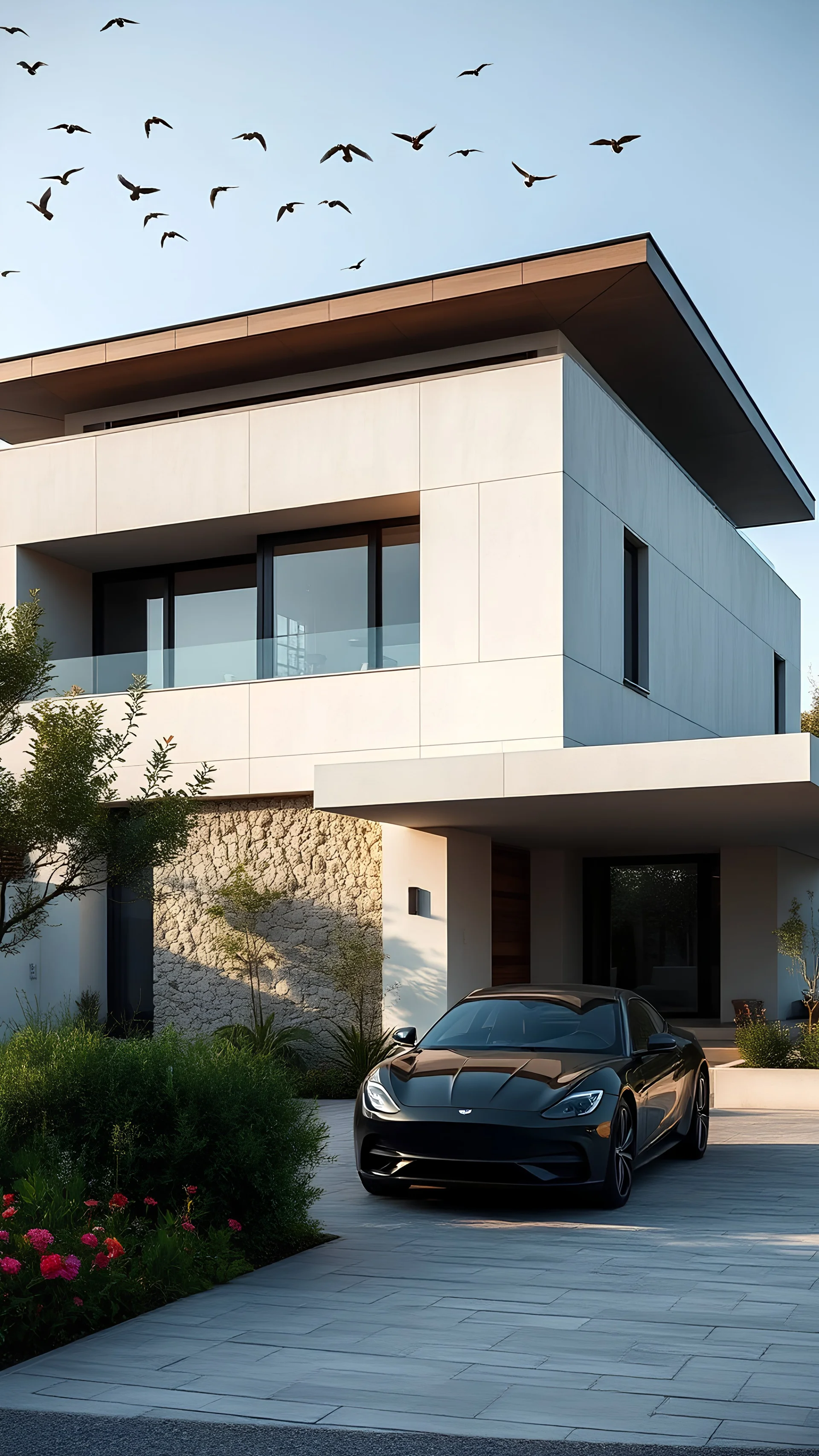 Modern villa 350m2 business class in Spain. House with a flat roof, two-story. Elegant car under a canopy. in the foreground paved driveway. Competitive development project in the style of Japanese minimalist architects. The facade of the house is light polished concrete with fine stone infill. There are many wooden inserts on the facade. Small windows. Dark frame of windows. Midday, clear sky, several birds in the sky. gloomy vegetation, lush decorative vegetation, wildflowers. Archdaily style