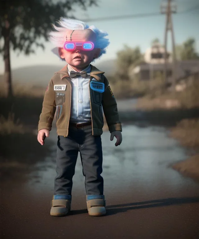 Emmet brown toddler, full body, delorean, dramatic lighting, hyper realistic