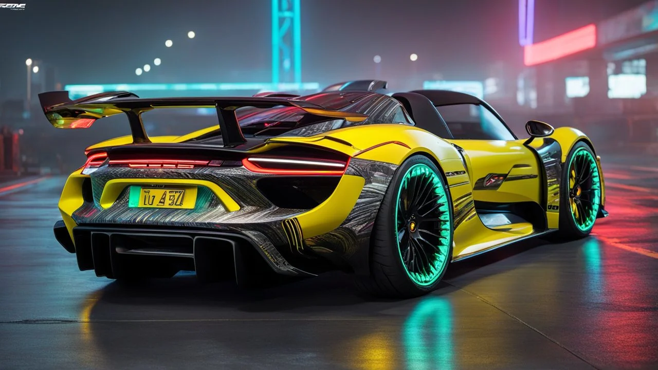 Porsche 918 Spyder ultimate need for speed tuning Mansory Cyberpunk 2077 neon Style Rear View, Super Detailed, desktop wallpaper, 4K