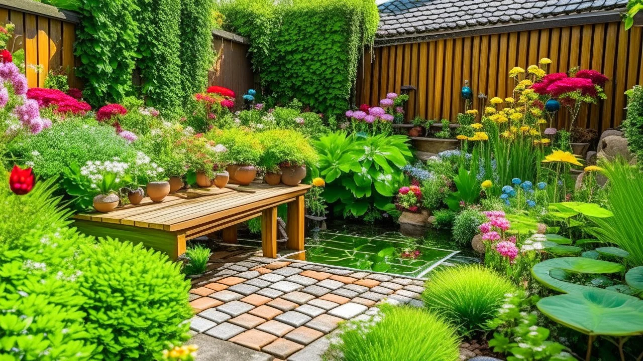 A compact yet beautiful garden for busy people, consisting of a patio area adorned with potted flowers and a small water feature. Lush green plants spill over the edges, creating a vibrant oasis under a bright summer sun.