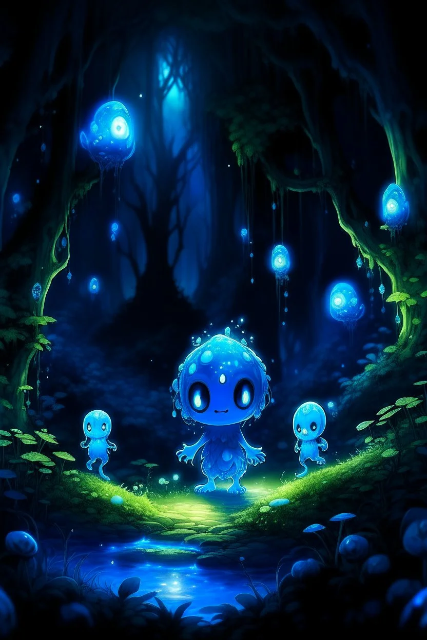 At night, the Forest Spirit transforms into the Night Walker or Daidarabotchi, a towering, translucent, and more abstract figure that glows with a blue light. In this form, the spirit's steps cause the vegetation to grow and wilt, highlighting its role as a giver and taker of life. Glowing floating flowery balls represent the essence of the forest