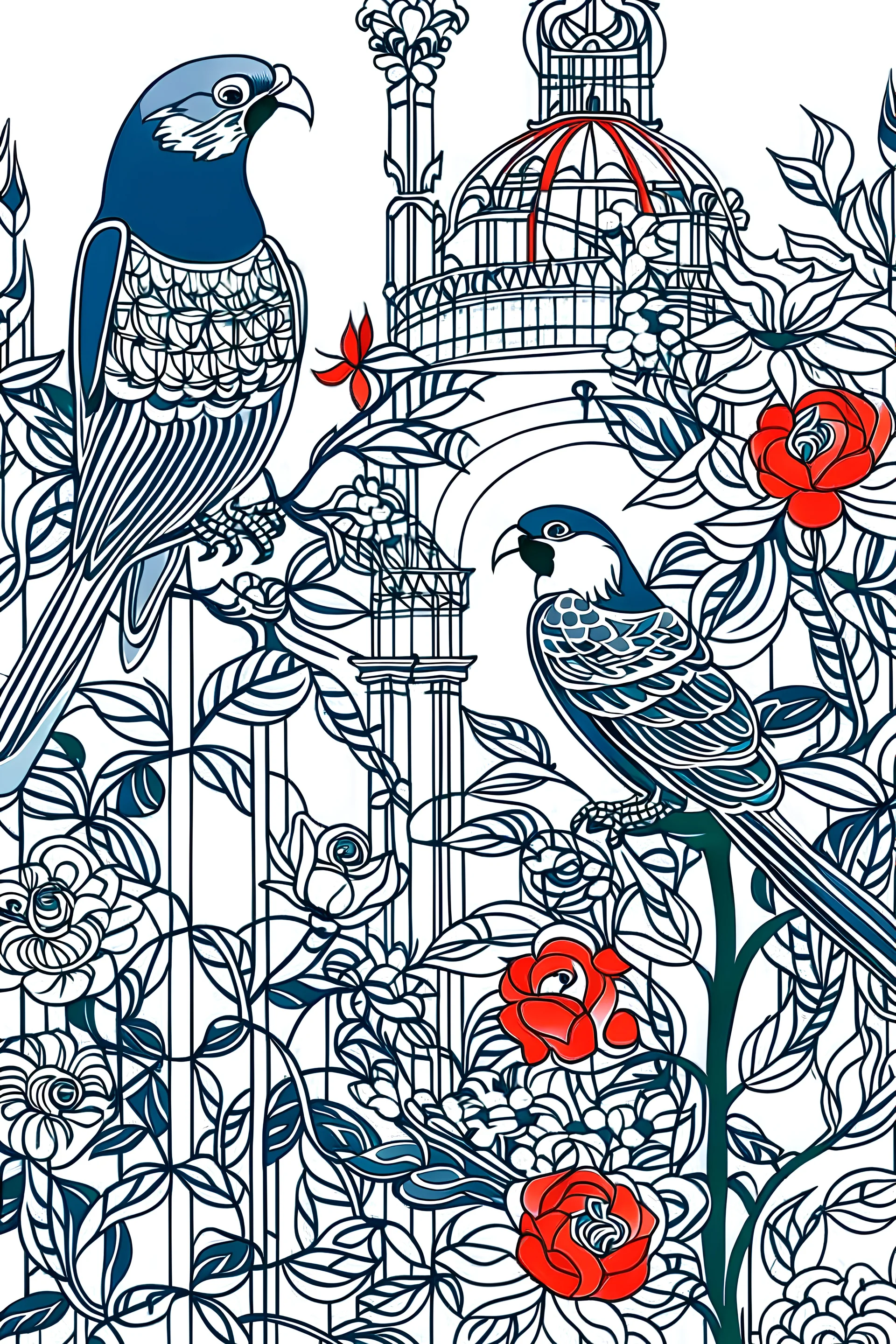 intricate intertwined flowers and branches, parrots and sparrow sitting on the branches by Henri Matisse,pisa tower background, straight line art, white background,